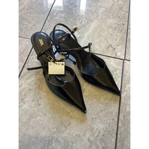 ZARA Shoes Womens Size 37 EU Black Patent Slingback Kitten Pumps